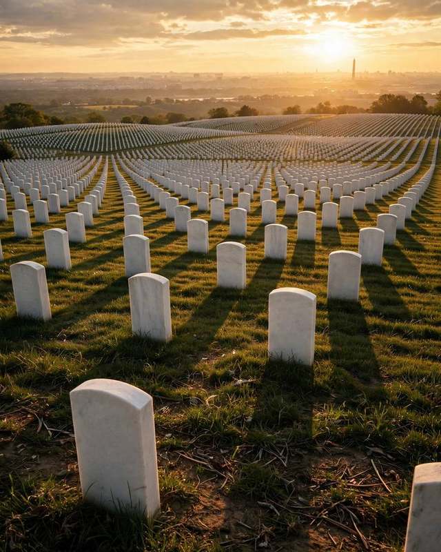 Rows of white military headstones beneath a golden sky